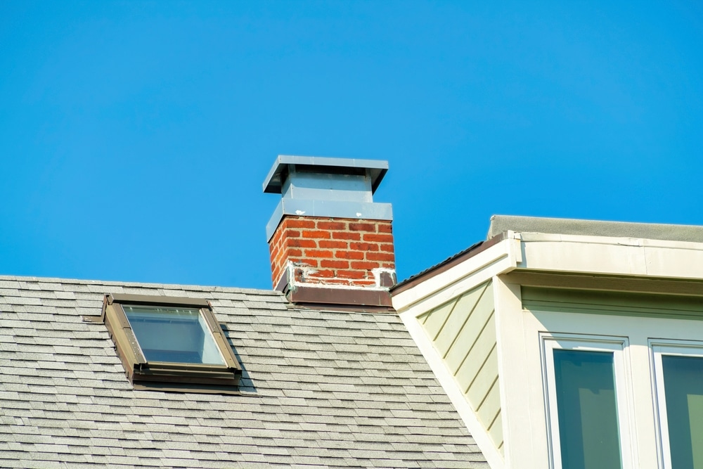 Red brick chimney on top of gray roof with stone tiles and small glass skylight with windows on house in suburbs or urban city. No clouds midday with blue sky in sunlight on home in neighborhood.